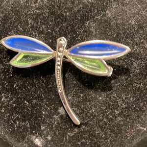 Vtg Art Deco MCM 1950s sterling silver dragonfly brooch blue green enamel wings
